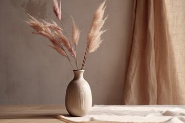 There are dried flowers and pampas grass in a ceramic vase on a wooden table with no lettering. Detail of a comfortable minimalistic home. Generative AI