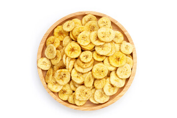 Banana slice chips on white background.