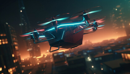 Futuristic drone flying mid air over illuminated city skyscrapers generated by AI