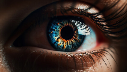 Close up portrait of young adult woman blue eye reflection generated by AI