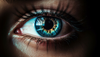 Blue eyed woman staring at camera, close up of human eye generated by AI