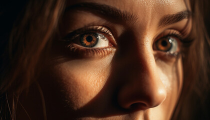 Beautiful young woman with brown hair smiling outdoors in summer generated by AI