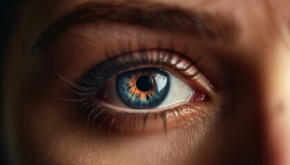Obraz premium Blue eyed women staring, selective focus on human eye reflection generated by AI