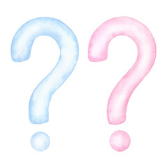Question mark pink blue, girl boy. Hand drawn watercolor illustration isolated on white background. For gender reveal party, baby shower, children's textiles
