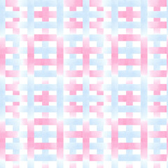 Seamless pattern checkered, square. Blue pink background. Texture watercolor paint stains. Hand drawn backdrop. Pastel color. For textile, print, wallpaper