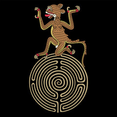 Stylized jaguar on top of a round spiral maze or labyrinth symbol. Native American art of Aztec Indians. From Mexican codex. On black background.