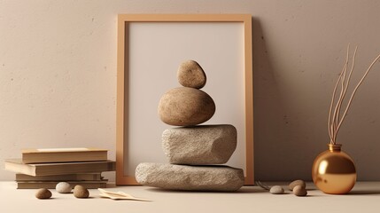 Mockup of a wooden frame for a portrait atop a stack of books. Stones for decoration, pencils for drawing, and wall shadows cast by nature Generative AI