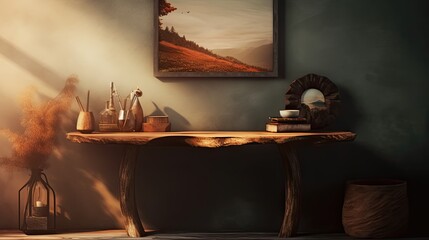 a piece of art featuring a barren oak tabletop (desk) for goods display against a fuzzy bathroom d�cor Generative AI