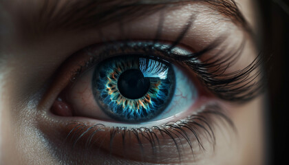 Fototapeta na wymiar Blue eyed woman staring, close up of iris, beauty in macro generated by AI