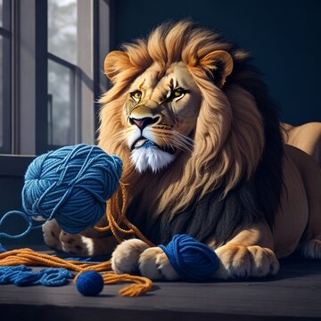 
Asad JA lion playing with a ball of strings 
