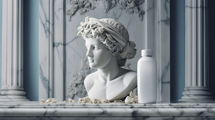 Women's shampoo advertisement in style and mocap with white female bust