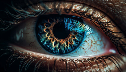 Blue eyed woman staring at camera, reflecting beauty and creativity generated by AI