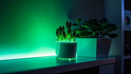 Glowing flower pot on table with illuminated houseplant and glass generated by AI