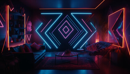 Modern nightclub stage design with glowing abstract lighting backdrop generated by AI