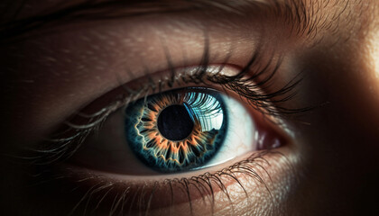 Blue eyed woman staring at camera, eyelashes and iris prominent generated by AI