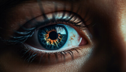 Fototapeta premium Close up of futuristic woman eye with contact lens and reflection generated by AI