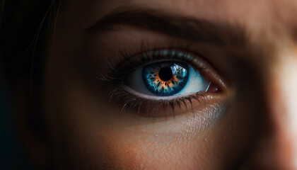 Young women and men staring, selective focus on blue eyes generated by AI