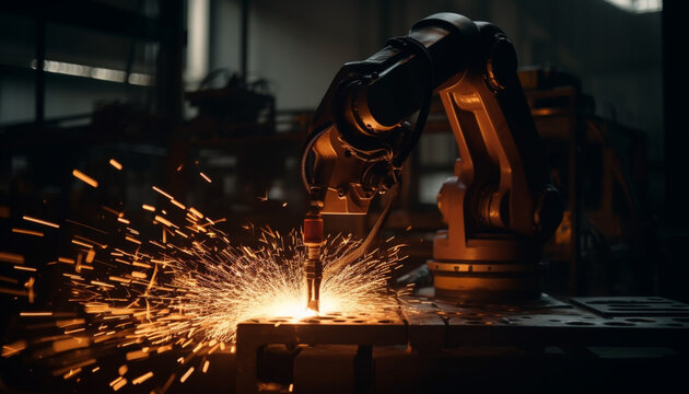 Metal workers in a steel factory use welding torches for accuracy generated by AI