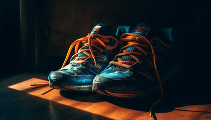 Untied shoelace on old fashioned sports shoe, lying on wooden table generated by AI