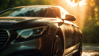 Fototapeta premium Modern sports car driving through city traffic in the rain generated by AI
