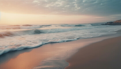 Idyllic coastline at dusk, tranquil seascape reflects golden twilight sky generated by AI