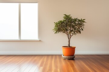 Interior of a barren room with an orange-decorated molded panel, a wooden floor, a potted plant, and a copy space for modern architecture. Generative AI