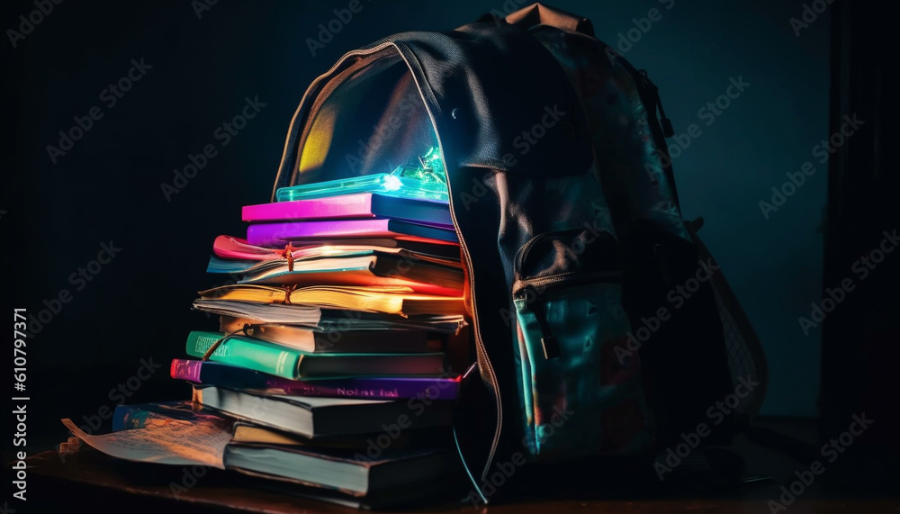 Wall mural Back to school Student studying wisdom from illuminated antique textbook heap generated by AI