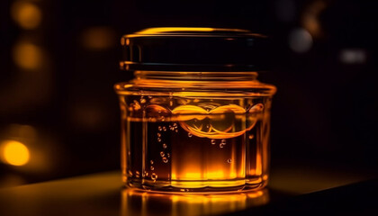 Golden whiskey bottle on dark table, illuminated by back light generated by AI