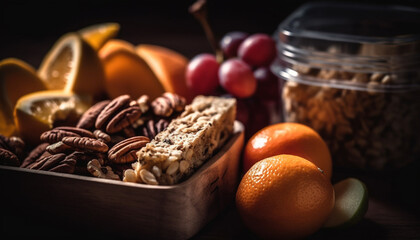 Organic meal on wooden table fruit, granola, almond, walnut, seed generated by AI