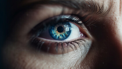 Obraz premium Blue eyed woman staring at camera with selective focus on iris generated by AI