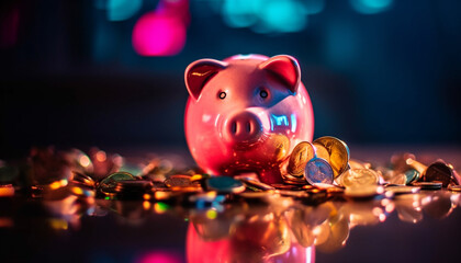 Pink piggy bank glows with wealth in dark studio shot generated by AI