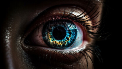 Fototapeta premium Blue eyed young adult staring at camera with selective focus generated by AI