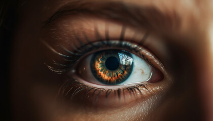 Fototapeta premium Close up of woman futuristic blue iris, selective focus on eyelash generated by AI