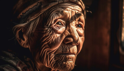 Serene indigenous man, aging gracefully, embodies spirituality and traditional culture generated by AI