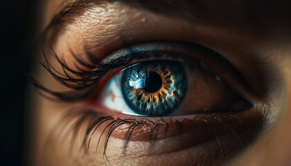 Fototapeta premium Caucasian woman staring at camera with blue eyes and animal reflection generated by AI