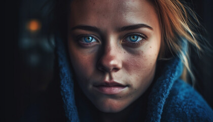 Young adult woman looking at camera, close up of beauty generated by AI