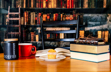 table with coffee muffin and books with retro looking library background