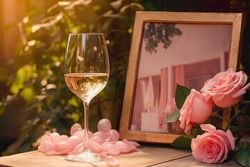 Mockup of a pink frame with sunlight, a wineglass, and white roses. selective attention. superior photograph Generative AI