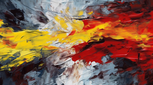 Hand drawn image in the style of oil painting in the colors of red, white, black and yellow, like the Belgian or German flag