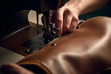 Deurstickers hands working on the sewing machine with leather stitching Generative AI © Elmi