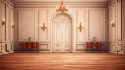 Classic interior with classic furniture and copy space. walls that have elaborate moldings. a parquet floor. electronic illustration Generative AI