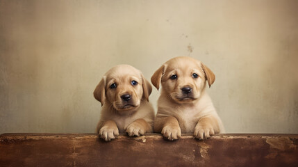 Advertising portrait of two sad puppies publicity shot. A brown dogs looks sadly and cheerful