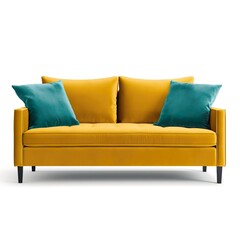 Yellow sofa with blue pillows, on a white background 