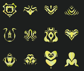 a set of yellow and black tribal symbols, logo set , A collection of symbols on a black background
a yellow and black logo