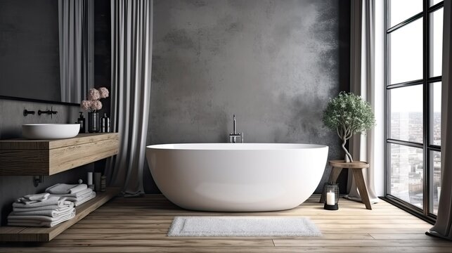 Bathroom Interior With A White Bathtub With A Towel Hanging Over It, A Hardwood Floor, Gray Walls, And A Loft Window. A Mockup Generative AI