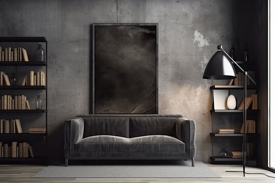 Front View Of A Contemporary Living Room With A Black Sofa, An Abstract Floor Lamp, Stocked Bookcases, And An Empty Billboard. A Mockup Generative AI