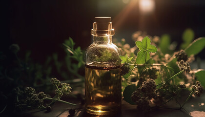 Obraz na płótnie Canvas Organic aromatherapy oil in glass jar, nature healthy alternative medicine generated by AI