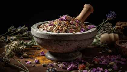 Obraz na płótnie Canvas Organic herbal medicine bowl with dried plant and fresh petals generated by AI