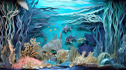 Fototapeta na wymiar Paper art underwater scene illustration