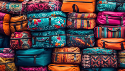 Multi colored luggage stack, a fashion collection for travel destinations generated by AI